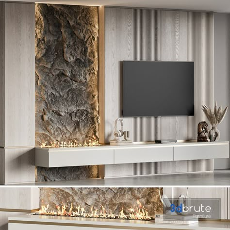 Texture Tv Wall, Tv Stone Wall Design, Tv Stone Wall, Tv Cabinate Design, Stone Tv Unit, Man Cave Tv Room, Tv Wall With Fireplace, Stone Wall Living Room, Luxury Tv Wall