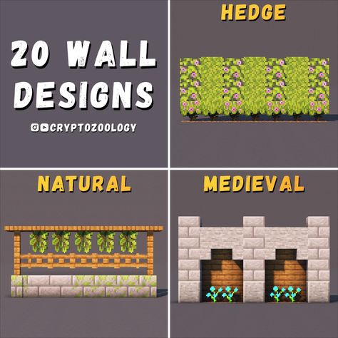 Check out the tutorial for these 20 wall designs on my YouTube! Minecraft Town Wall Designs, Minecraft Town Wall, Wall Designs Minecraft, Minecraft Wall Ideas, Wall Minecraft, Art Gallery Architecture, Minecraft Wall Designs, Gallery Architecture, Design Walls