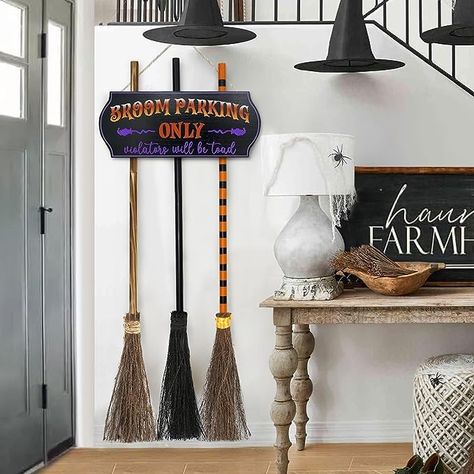 Broom Parking Sign, Witches Brooms, Broom Parking, Halloween Brooms, Porch Wall Decor, Office Themes, Parking Sign, Porch Wall, Christmas Snow Globes