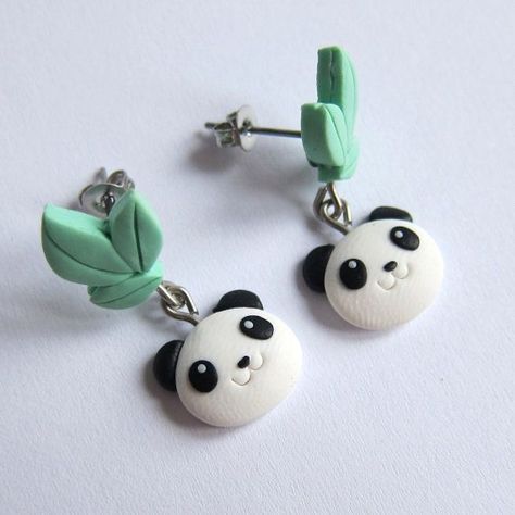 Panda Earrings, Outfit Mint, Crea Fimo, Funny Panda, Mint Earrings, Earrings Kawaii, Funny Earrings, Polymer Clay Jewelry Tutorials, Bear Earrings