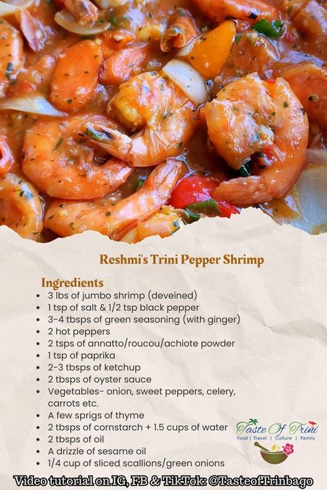 Taste of Trinbago Trini Chinese Food, Pepper Shrimp Recipe Trinidad, Pepper Shrimp Recipe, Pepper Shrimp, Trini Food, Interesting Recipes, Shrimp Recipe, Recipe Card, Shrimp Recipes