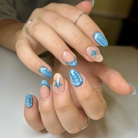 Summer nails for Finley! 🐋🌊🦈 - - - - - - - - - -#almondnails #nailart #nailartist #summernails #bluenails #aestheticnails #prettynails #cutenails #bluenailsdesign Blue Nails With Design Summer, 21st Nails Ideas, 21st Nails, Blue Nails With Design, Mexico Nails, Blue Summer Nails, Hawaii Nails, Inspo Fits, Nail Drawing