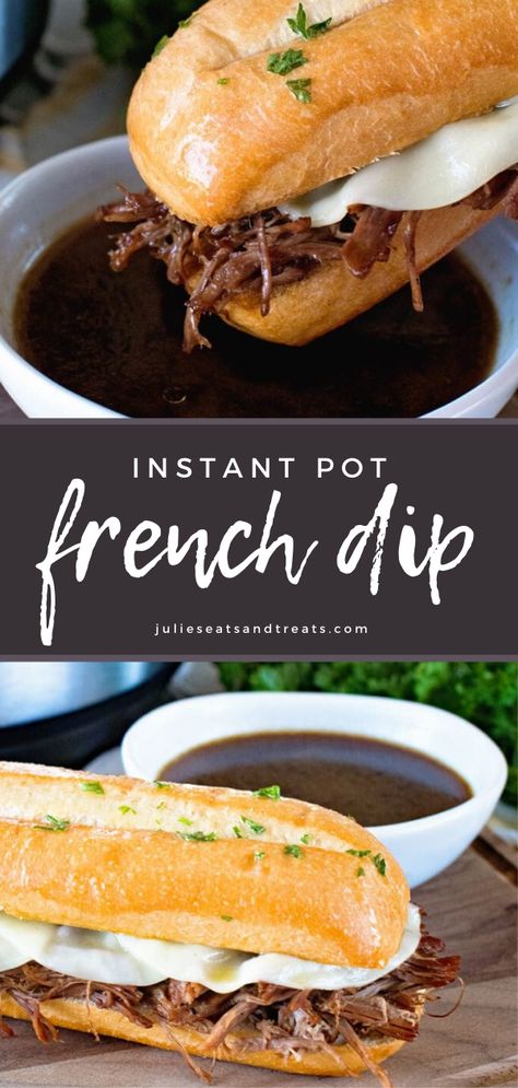 Instant Pot French Dip is one of the most flavorful instant pot recipes! Chuck roast or bottom beef roast is flavored, spiced, cooked tender, and piled onto a toasty bun with melted cheese. It also comes with an au jus dip! Perfect for a quick and easy dinner! Instant Pot French Dip Sandwiches, Instant Pot French Dip, French Dip Sandwiches, Dip Sandwiches, Instant Pot Pasta Recipe, French Dip Sandwich, Pot Recipes Easy, Best Instant Pot Recipe, French Dip