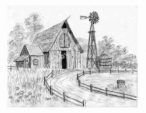 The subject is a country scene of an old barn with a windmill and a road leading up to the barn. This is a pencil sketch rather than a painting.  This print was created from my original acrylic painting. It shows the barn, trees , the windmill and the road. Best resolution is obtained from producing an 8 x 10 print. Your digital download will have the watermark removed. Please Note! This is an INSTANT DIGITAL DOWNLOAD                         No hard copy print will be shipped to you. Windmill Drawing, Barn Drawing, Beginner Wood Burning, Drawing Scenery, Farmhouse Paintings, Old Windmills, Zentangle Drawings, Country Scenes, Best Resolution