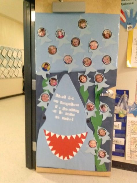 Cool door shark for teacher appreciation week:-) Shark Door Decorations Classroom, Shark Door Decoration, Shark Classroom Door, Under The Sea Teacher Appreciation Theme, Shark Bulletin Board Ideas, Shark Bulletin Board, Classroom Desk Arrangement, Bath Candle, Preschool Door