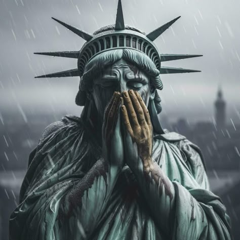 Statue Of Liberty Crying, Portrait Tattoo Sleeve, Evil Mermaids, Patriotic Tattoos, Quantum Entanglement, Raining Outside, City Background, See No Evil, The Statue Of Liberty