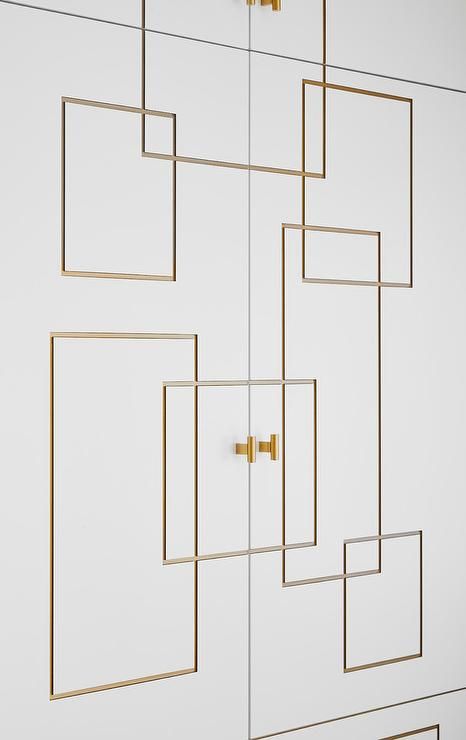 White wardrobe cabinets with geometric gold trim add a warm, glowing contrast along with gold leaf drawer hardware. Floor To Ceiling Wardrobes, Gold Wardrobe, Wardrobe Laminate Design, Wardrobe Design Modern, Wardrobe Door Designs, Easy Craft Ideas, White Wardrobe, Wardrobe Designs, Bedroom Closet Design