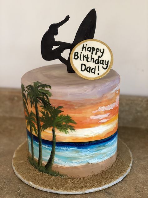 Surfer/Beach themed cake Surfing Cake Ideas, Surfer Birthday Cake, Birthday Cake Beach Theme, Surfer Cake Ideas, Surf Cake Ideas, Surfing Cake, Surfer Cake, Kids Beach Party, Surf Cake