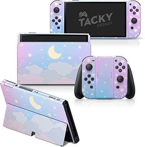 Amazon.com: Tacky Design BlueClouds Skin for Nintendo Switch OLED Skin - Vinyl 3M Nintendo Switch OLED Stickers Set - Cute Moon Switch OLED Skin for Console, Dock, Joy Con Wrap - Decal Full Wrap : Video Games Switch Oled Skin, Moon Stickers, Nintendo Switch Oled, Video Game Room Design, Kawaii Stuff, Video Game Room, Stickers Set, Game Room Design, Blue Clouds