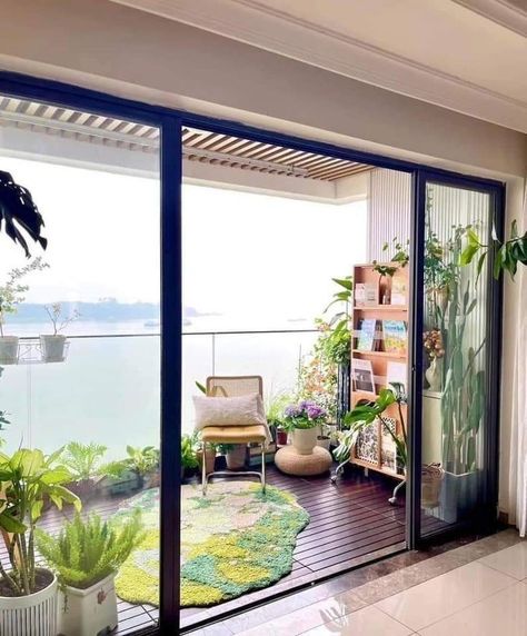 Glass Door For Balcony, Pastel Balcony, Balcony Wall Painting Ideas, Glass Balcony Ideas, Big Balcony Ideas, Balcony Designs, Skip It, House Balcony Design, Terrace Decor