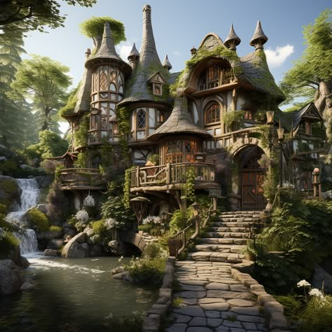 Fantasy Homes Exterior, Fantasy House Exterior, Enshrouded Build, Elf Architecture, Fairy Mansion, Fantasy House Concept, Tiny Glade, Fantasy Houses, Fairy House Crafts