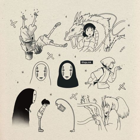 Anime Inspired Tattoos Studio Ghibli, Studio Ghibli Tattoo Flash, Studio Ghibli Tattoo Design, Haku And Chihiro Tattoo, One Piece Flash Tattoo, Chihiro Drawing, Studio Ghibli Flash Tattoo, Ghibli Tattoo Ideas, Hayao Miyazaki Tattoo