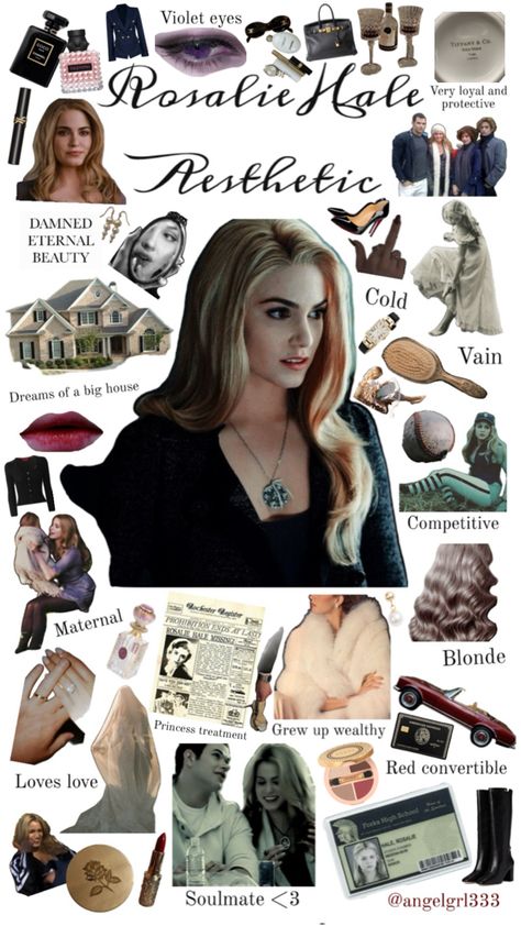 Mood board for Rosalie Hale from Twilight Rosalie Hale Aesthetic, Rosalie Twilight, Twilight Autumn, Cullen Aesthetic, Twilight Makeup, Twilight Characters, Rosalie Cullen, Twilight Romance, Cullen Family