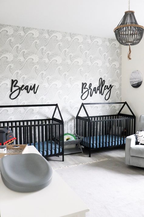 Boys wallpaper can be hard to find but such a fun and gorgeous way to finish off any boys room - check out this post for several examples of wallpaper being used perfectly in a boys room. #wallpaper #kidsroom #boysroom Twin Boy Nursery, Twin Babies Nursery, Twin Nursery Room, Twin Boys Nursery, Twin Baby Rooms, Modern Baby Nursery, Nursery Layout, Nursery Reveal, Twin Baby Boys