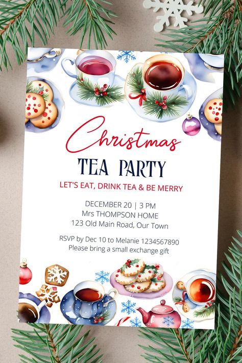 Christmas tea party template invitation instant download watercolor tea cups and sauces cookies snow Christmas Tea Party Invitations Printable, Christmas Tea Invitations Free, Christmas Themed Tea Party, Christmas Tea Party Invitations, Christmas Tea Set, Kids Christmas Tea Party, Yule Tea, Christmas Party Invitations Ideas, Tea Party Template