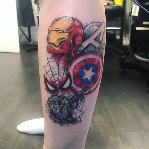 Marvel Tattoo Sleeve, Captain America Tattoo, Iron Man Thor Captain America, Ironman Tattoo, America Tattoo, Thor Tattoo, David Tattoo, Iron Man Tattoo, Spiderman Tattoo