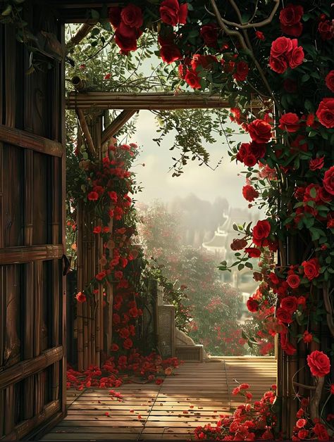 Garden Of Roses Aesthetic, Red Grass Aesthetic, Roses On Wall, Dark Red Roses Aesthetic, Aesthetic Red Rose, Horror Background, Dreamy Wallpaper, Red Roses Background, Autumn Roses