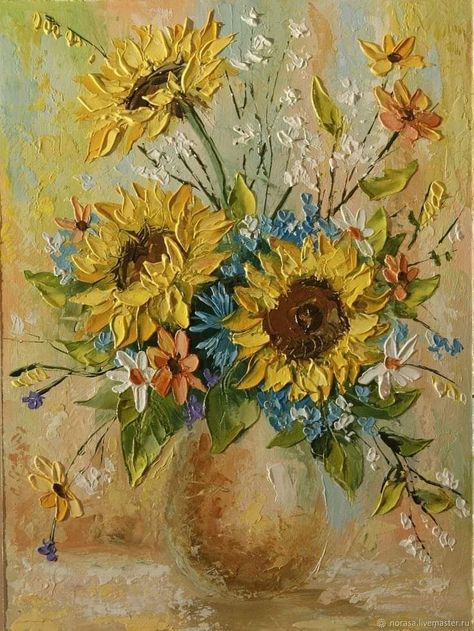 Sunflower Artwork, Acrylic Painting Flowers, Flower Painting Canvas, Palette Knife Painting, Impasto Painting, Sunflower Art, Sunflower Painting, Oil Painting Flowers, Flower Art Painting