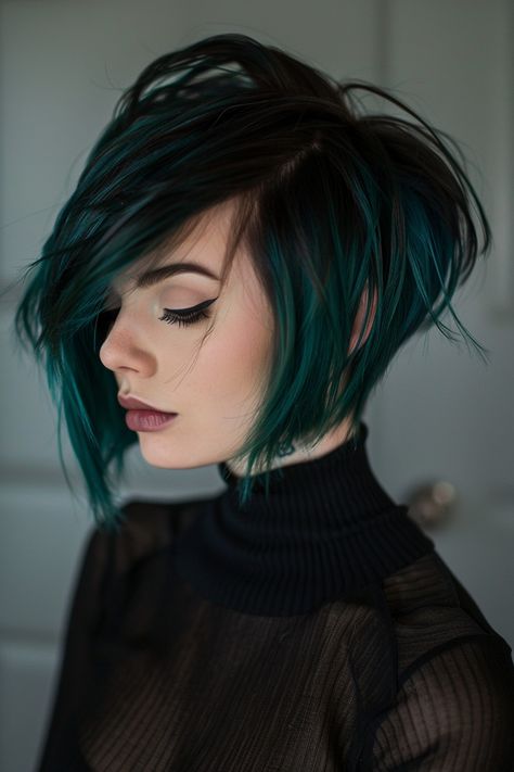 41+ Bixie (Pixie Bob) Haircut Ideas Curly Bob Hair Color Ideas, Over 30 Haircut, Hair Colour Ideas For Pixie Hair, Sleek Asymmetrical Bob, Dark Green Short Hair, Teal Short Hair, Green And Silver Hair, Bixie Colour Haircut 2024, Asymmetrical Pixie Edgy