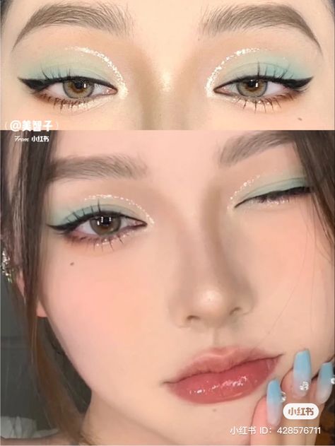 Sweet And Cool Makeup, Top Lid Only Makeup, Blue Makeup Looks Asian, Formal Makeup Colorful, Asian Makeup Inspiration, Concert Makeup Kpop, Sage Green Douyin Makeup, Korean Makeup Colorful, Make Up Korea Ulzzang