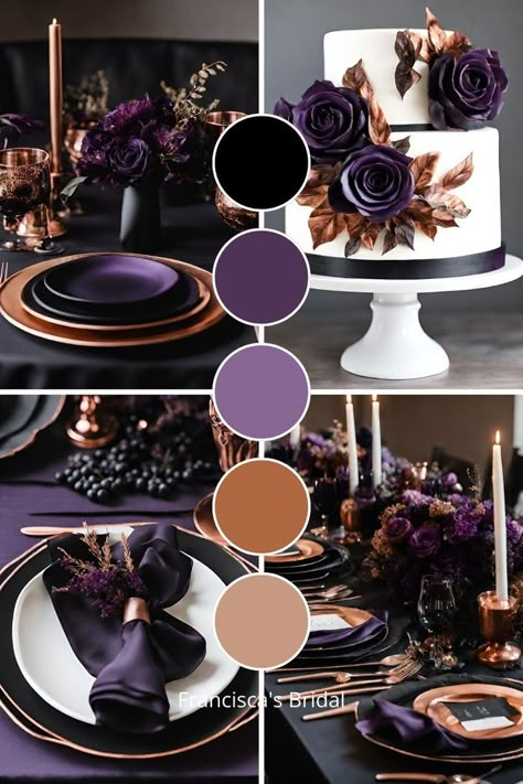 Black Scheme Wedding, Colour Palette For Purple, Black White Purple Wedding Theme, Color Schemes For Weddings Winter, Purple And Gold Fall Wedding, Black Love Wedding Color Schemes, Dusty Plum Color Palette, Wedding Ideas Purple And Gold, Purple Black Gold Color Palette