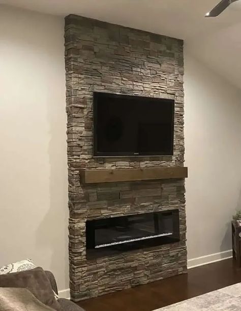 Stone Fake Fireplace, How To Make A Stone Fireplace, Fireplace Mantle On Stone Wall, Stone Around Electric Fireplace, Stone Faux Fireplace, Diy Electric Fireplace Stone, Stone Entertainment Center, Diy Faux Stone Wall Interior, Faux Stone Fireplace Wall