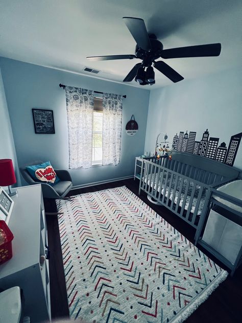 Nursery with superhero and comic book vibes Marvel Nursery Ideas, Comic Book Nursery, Spiderman Nursery, Marvel Nursery, Avengers Room, Superhero Nursery, Boy Toddler Bedroom, Book Vibes, Toddler Bedroom