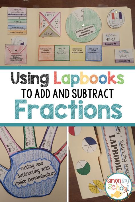 Fractions is a huge standard in fourth and fifth grade, and lapbooks is a great way for students to practice them. I included in this lapbook pack student samples, answer keys, and graphic organizers with step-by-step directions, so that other teachers who make this lapbook will have an easy and hassle free time. Math Lapbook Ideas, Math Lapbook, Interactive Lapbooks, Lap Books, Simplifying Fractions, Adding And Subtracting Fractions, Measurement Activities, Fraction Activities, Subtracting Fractions