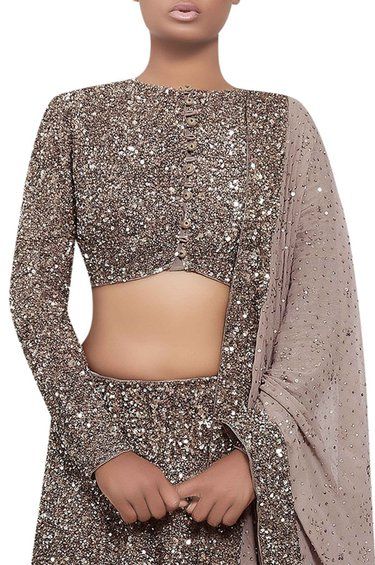 zoom img Shimmer Blouse Designs, Shimmer Lehenga, Mehndi Dress For Bride, Rose Gold Clothes, Grey Lehenga, Shimmer Blouse, Full Sleeve Blouse, Lehenga Blouse, Indian Designer Outfits