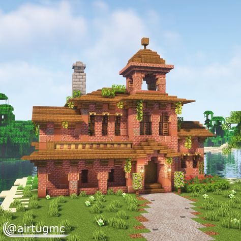 Minecraft Brick Mansion, Minecraft House With Courtyard, Sky House Minecraft, Minecraft Jungle House, Minecraft Brick, Minecraft Building Ideas, Case Minecraft, Minecraft Structures, Bangunan Minecraft