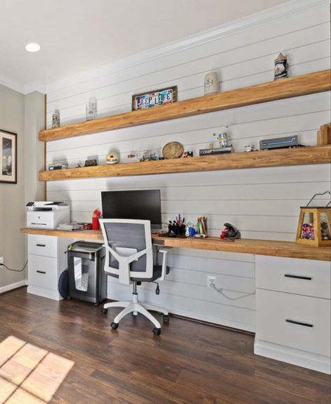 Built-in desk with floating shelves, filing cabinets, and shiplap wall Built In Desk With Cabinets Above, Shelves With Desk Built In, Built In Desk Floating Shelves, Floating Desk With Shelves Above, Floating Shelves Between Cabinets Office, Shiplap Wall With Floating Shelves, Wall Shelves Above Desk, Office Floating Shelves Above Desk, Long Floating Desk