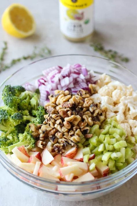 Apple Broccoli Cauliflower Salad Recipe, Apple Cauliflower Salad, Cauliflower Apple Salad, Apple Broccoli Cauliflower Salad, Brocoli And Cauliflower Salad, Baked Veggies Recipes, Blueberry Salad Recipes, Dressings Recipes, Kathy Smith