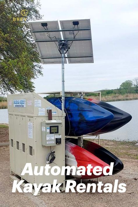 Kayak Rental Machine with solar panels and lake near by. Brevvie is the logo and being your own boss is the caption. Kayak Rental Business, Colorado Living, Saving Hacks, Rental Business, Body Of Water, Own Boss, Brand Kit, Watercraft, Rv Camping