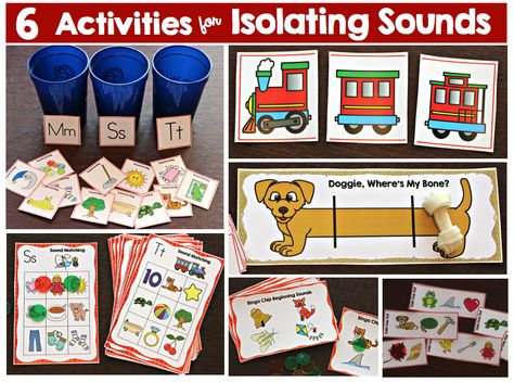 Six fun activities for isolating sounds. Great phonemic awareness activities for small group instruction. Letter Sound Activities, Phonological Awareness Activities, Phonemic Awareness Activities, Language Centers, Sound Isolation, Math Center Activities, Speech Activities, Teaching The Alphabet, Phonological Awareness