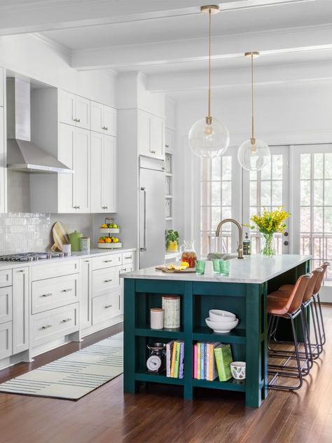 Tour a Colorful Texas Home With Tons of Brilliant Touches Then Get the Look | HGTV Teal And White Kitchen, Colorful Kitchen Island, Kitchen Island Ideas Diy, Diy Kitchen Island Ideas, Island Ideas Kitchen, Island Ideas With Seating, Kitchen Island Ideas With Seating, Teal Island, Green Kitchen Island