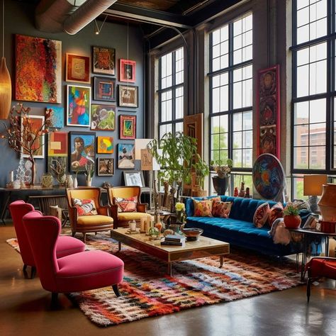 Maximalist Great Room, Bright Loft Apartment, Loft Style Living Room Interior Design, Artsy Loft Interior Design, Living Room Cafe Style, Modern Maximalist Living Room, Loft Maximalism, Maximalist Loft Apartment, Eclectic Loft Apartment