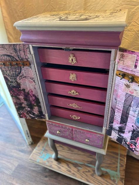 Tall Jewelry Box Makeover, Jewelry Box Ideas, Tall Jewelry Box, Jewelry Armoire Makeover, Armoire Makeover, Gothic Dollhouse, Jewelry Armoires, Box Makeover, Jewelry Box Makeover