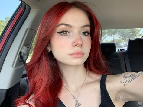 red hair selfie car winged eyeliner tattoo septum piercing Red Hair And Piercings, Female Septum Piercing, Red Hair Septum Piercing, Red Hair Female Face Claim, Red Septum Piercing, Dark Red Hair Makeup Looks, Red Hair And Tattoos, Makeup Red Hair Brown Eyes, Faceclaims Female Red Hair