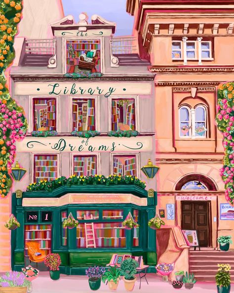 The Library of Dreams ✨📚 because we all love to get lost in a good book and dream of better places (unless you read crime, you crazy people!) 🌸🩷 Dreams Illustration, Library Illustration, Lover Illustration, Dream Illustration, Dreams Art, Book Wallpaper, Shop Front, Art Wallpaper Iphone, Print Book