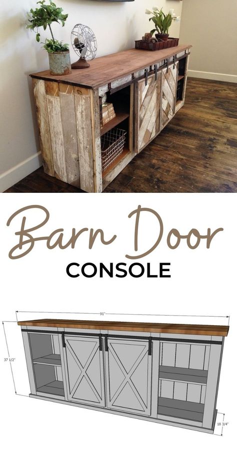 Barn Door Cabinet, Barn Door Console, Diy Furniture Bedroom, Diy Cabinets, Diy Furniture Projects, Diy Wood Projects, Furniture Projects, Furniture For Small Spaces, Diy Furniture Plans Wood Projects