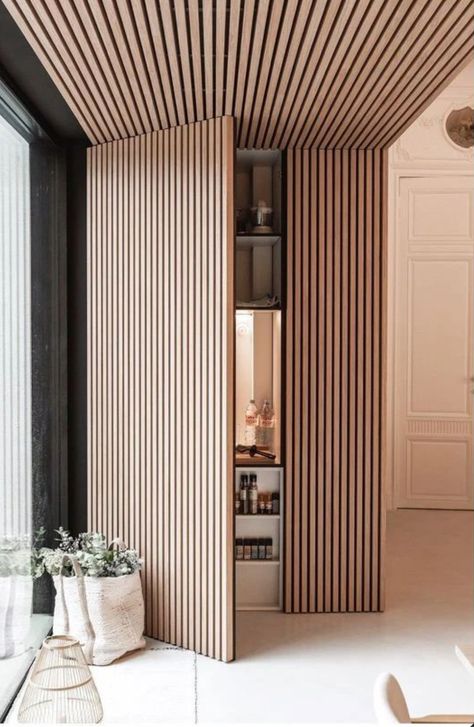 Slat Cabinet Doors, Wood Slat Door, Pediatric Dental Office Design, Shoes Room, Hidden Cabinet, Frameless Door, Toronto Condo, Shoe Room, Villa Interior