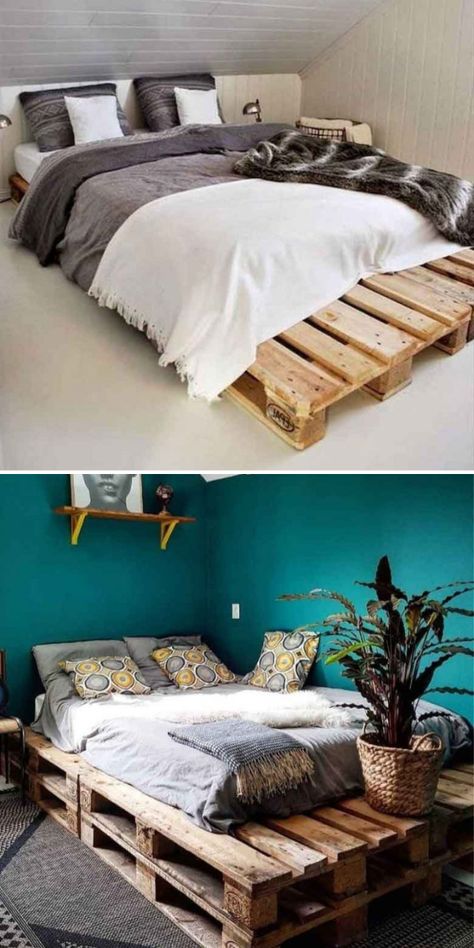 Image illustrant le processus de construction d'un lit en palette. Des palettes et des étapes de bricolage évoquent cette création DIY pour un lit original et écologique. 🪚🛏️ Style Deco, Diy Lighting, Origami, Hotel, Bedroom, Art