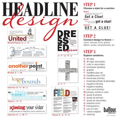 Headline Styles - this is from Balfour. Not my publisher but great image. Headlines Design, Headline Design Ideas, Magazine Headline Design, Yearbook Font Ideas, Balfour Yearbook, Headline Design, Yearbook Headline Ideas, Yearbook Contents Page, Yearbook Headlines