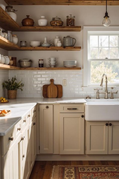 Modern farmhouse charm!  Beige Kitchen Cabinets paired with open shelving and white quartz countertops create a warm, inviting space.  White subway tile backsplash completes the look. Beige Kitchen Cabinets, White Quartz Countertops, White Subway Tile Backsplash, Cabinet Designs, Beige Kitchen, White Quartz Countertop, Subway Tile Backsplash, White Subway Tile, Farmhouse Charm