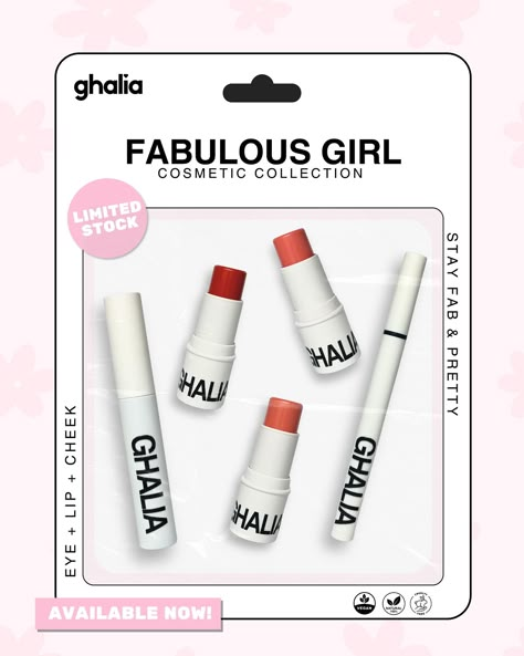 It’s finally here Pretty Girlies!!! LIMITED STOCK ONLY Love Ghalia’s Fabulous Girl Cosmetic Collection is now available on Love Ghalia’s Online Stores! Link in bio. Limited Stocks only! So better get yours now before it’s too late! You are Pretty! #loveghalia #loveghaliacosmetics #lipstick #blush #eye #eyeliner #mascara #makeup #lipgloss #cosmetics Lipstick Design Ideas, Pr Package Ideas, Color Palette Swatches, Social Media Moodboard, Payday Sale, Eye Eyeliner, Lipstick Ad, Corporate Girl, Makeup Lipgloss