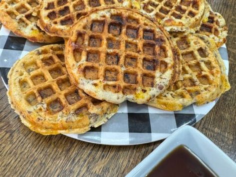 Sausage and Cheese Waffles Sausage Cheese Waffles, Waffles And Sausage, Sausage Waffles, Easy Breakfast Bowls, Hungry Jack Pancakes, Crockpot Shredded Beef, Pancake Sausage, Cheese Waffles, Egg Waffle