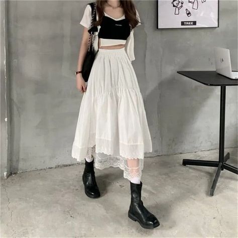 Y2k Long Skirt, Gothic Lace, White Long Skirt, High Waist Long Skirt, Harajuku Outfits, Rock Outfit, Vintage Goth, Pleated Long Skirt, Skirt Y2k