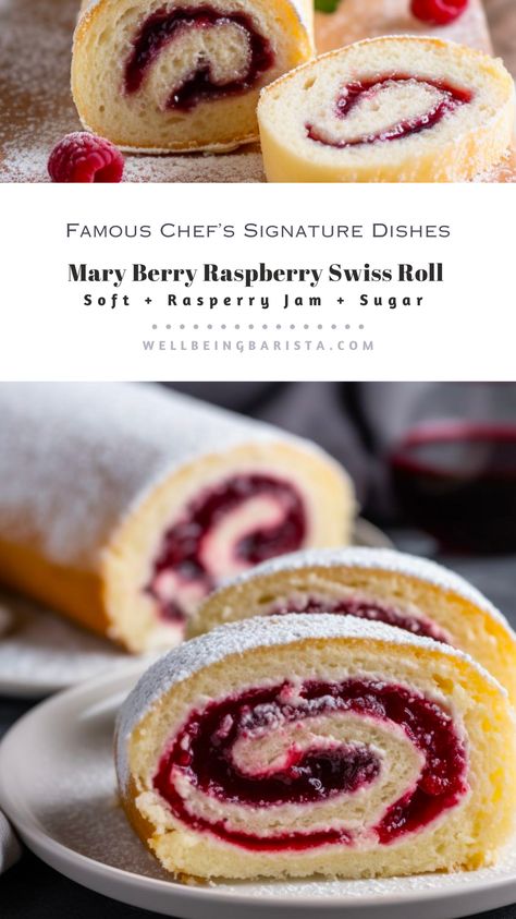 Mary Berry's Swiss Roll recipe is your go-to choice. With its light, fluffy sponge and luscious raspberry jam filling, Jam Swiss Roll Recipe, Roulade Recipe Desserts, Raspberry Swiss Roll, Mary Berry Recipes, Lingonberry Recipes, Gbbo Recipes, Swiss Roll Recipe, Jam Roll, British Baking Show Recipes