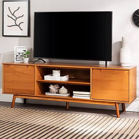 Amazon.com: Walker Edison Emery Mid Century Modern Solid Wood Stand for TVs up to 80 Inches, 70 Inch, Caramel : Home & Kitchen Mid Century Modern Tv Console, Modern Tv Console, Tv Console Modern, Wood Tv Console, Walker Edison Furniture, Tv Stand Cabinet, Wood Tv Stand, Solid Wood Tv Stand, Wood Tv