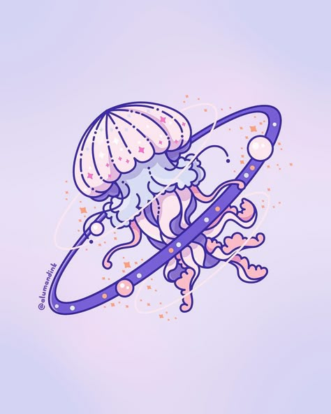 Cosmic jellyfish! This is the last new cosmic animal I’m adding this year because the mid-year, new designs only deadline is coming up. And I got a lot of existing collections that need some new additions. 👀 Cosmic jellies will be going out to become stickers and pins. In the meantime, I models cosmic jelly after my jellyfish sticker. 🥰 My mid-year new designs deadline is around June or July. It’s the time when I stop adding to existing collections and focus on only new concepts. I started ... Jellyfish Concept Art, Animal Stickers Aesthetic, Cosmic Jellyfish, Jellyfish Logo, Space Jellyfish, Galaxy Animals, Jellyfish Sticker, Aquarium Art, Jellyfish Illustration